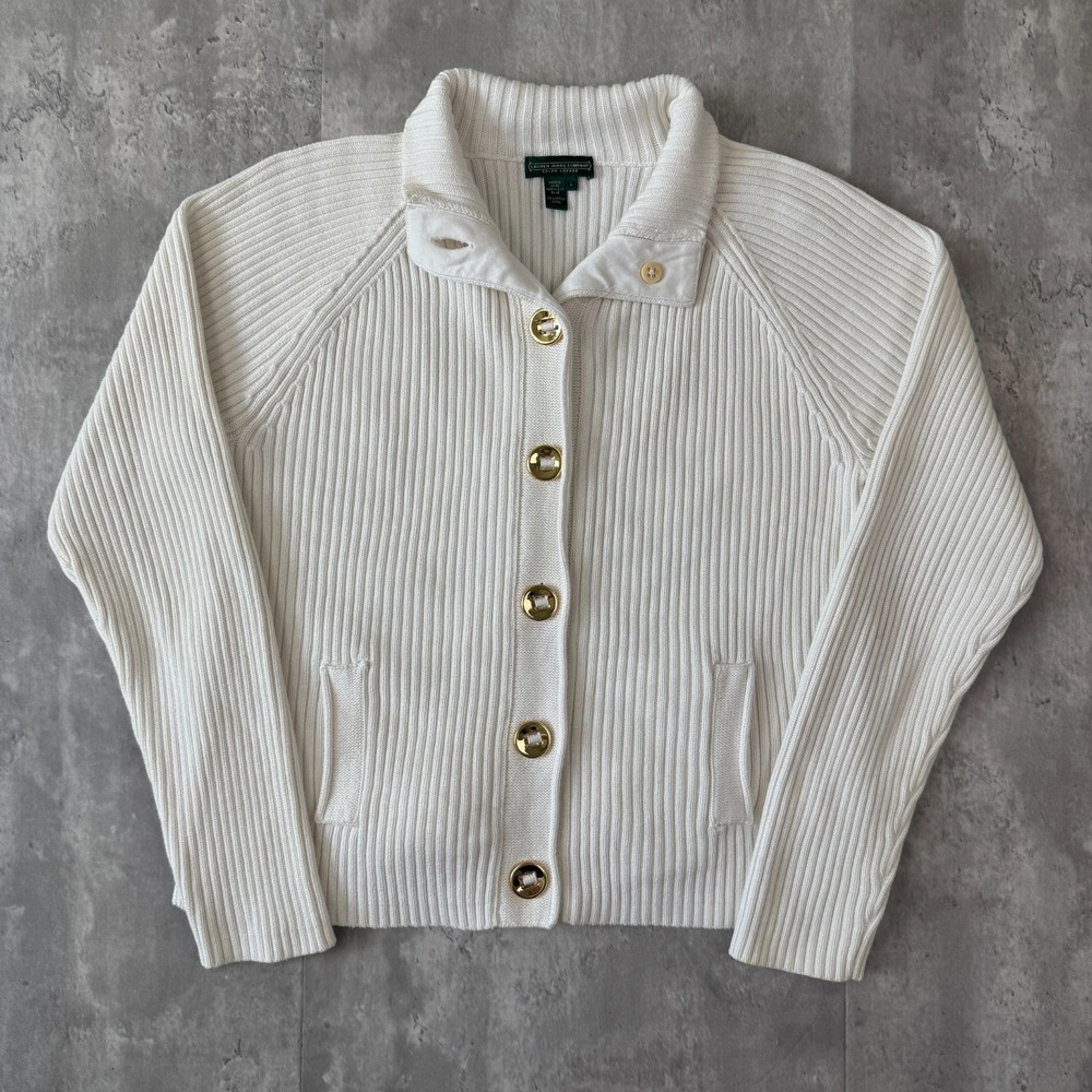 Lauren Ralph Lauren Cardigan Womens L Ivory Ribbed Cotton Gold Button Preppy Y2K